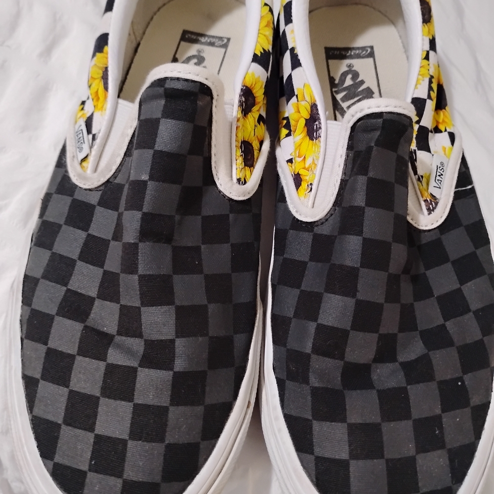 Vans Black and White Checkered Sunflower Slip-Ons